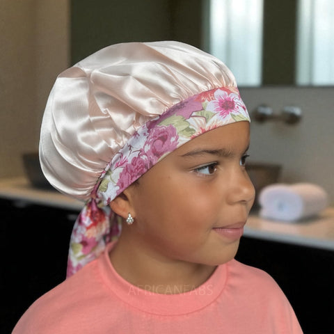 Bloem Satijnen slaapmuts met bandjes (kinderen / kindermaat 3-7 jaar) (Kinder Haar Bonnet)