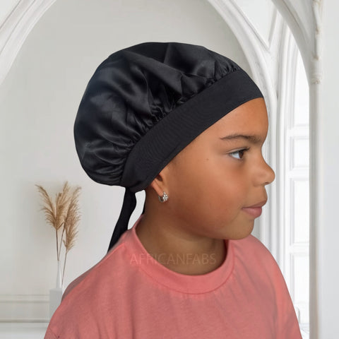 Zwart Satijnen slaapmuts met bandjes (kinderen / kindermaat 3-7 jaar) (Kinder Haar Bonnet)