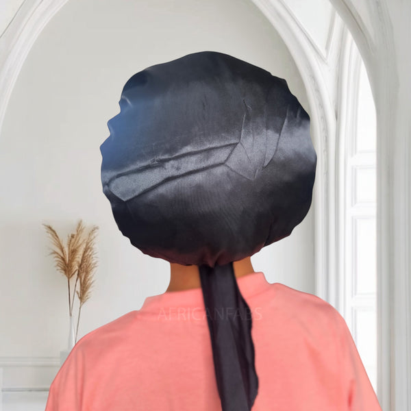 Zwart Satijnen slaapmuts met bandjes (kinderen / kindermaat 3-7 jaar) (Kinder Haar Bonnet)