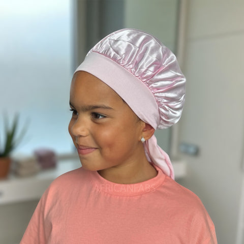 Roze Satijnen slaapmuts met bandjes (kinderen / kindermaat 3-7 jaar) (Kinder Haar Bonnet)