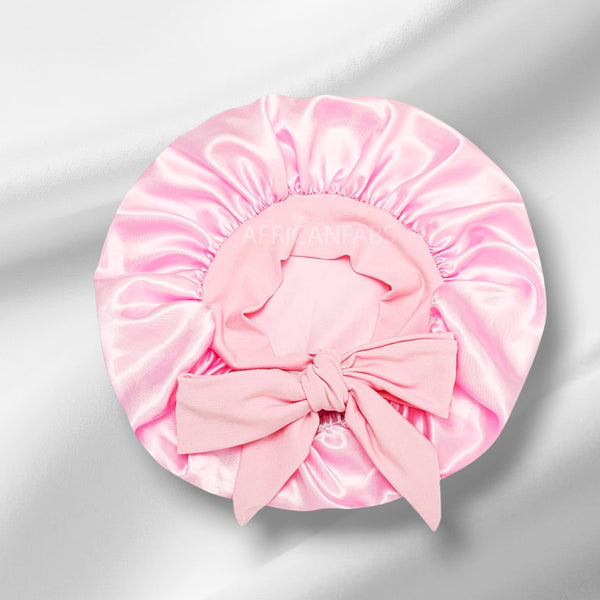 Pink Satin Hair Bonnet with Tie Straps (Kids / Children's size 3-7 years) ( Satin Night sleep cap)