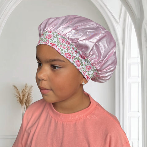 Roze bloem Satijnen slaapmuts met bandjes (kinderen / kindermaat 3-7 jaar) (Kinder Haar Bonnet)