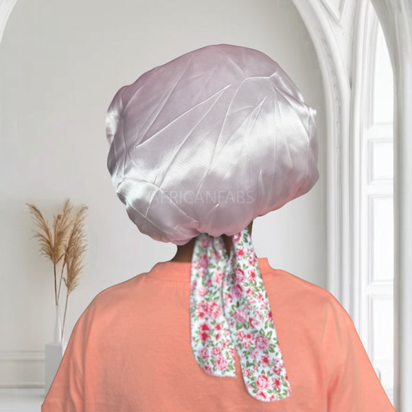 Bonnet en satin Rose fleur avec liens à nouer (taille enfant 3-7 ans) (bonnet de nuit en satin)