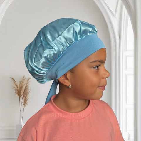Blauw Satijnen slaapmuts met bandjes (kinderen / kindermaat 3-7 jaar) (Kinder Haar Bonnet)