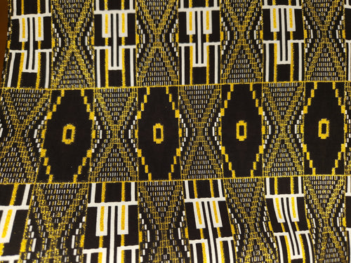 Afrikaanse stof - Exclusief versierd met glittereffecten 100% katoen - KT-3071 Kente Goud Zwart