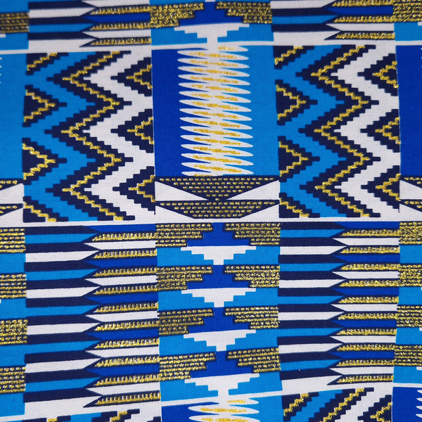 Afrikaanse stof - Exclusief versierd met glittereffecten 100% katoen - KT-3084 Kente Goud Blauw