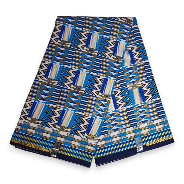 Afrikaanse stof - Exclusief versierd met glittereffecten 100% katoen - KT-3084 Kente Goud Blauw