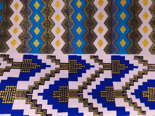 Afrikaanse stof - Exclusief versierd met glittereffecten 100% katoen - KT-3128 Kente Goud Blauw