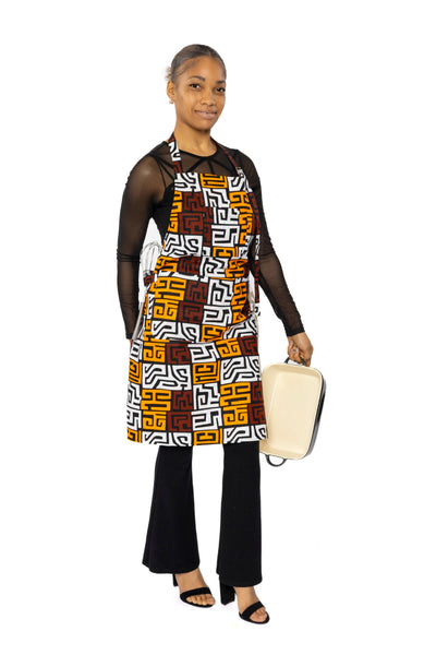 African print Apron - Brown Yellow Kuba Blocks Congo