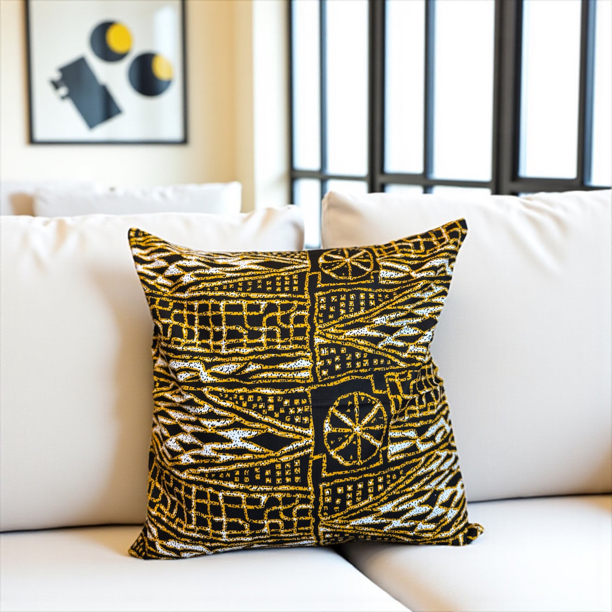Housse d'oreiller africaine | Noir Jaune Ndop Cameroon - Oreiller décoratif 45x45cm - 100% coton
