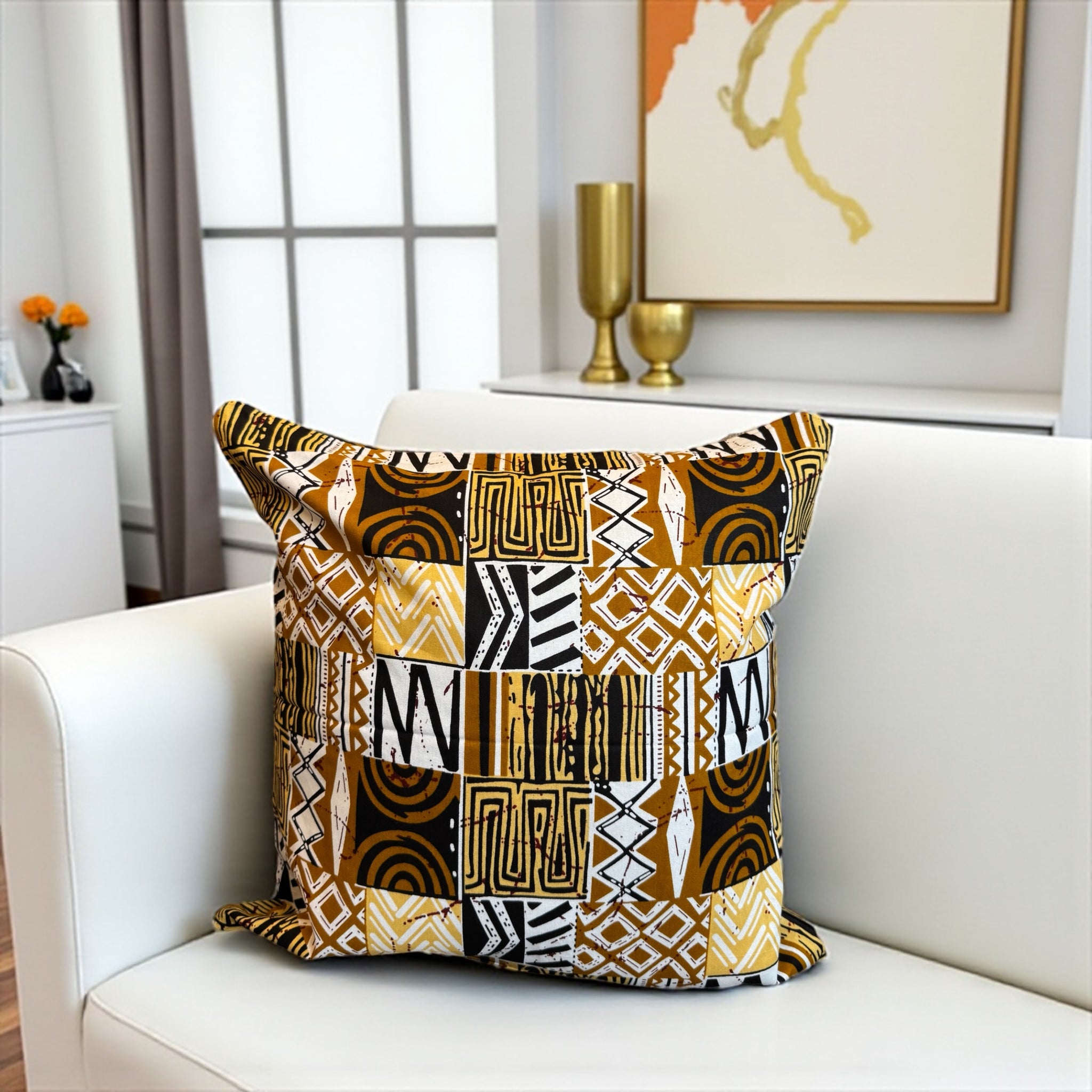 Housse d'oreiller africaine | Sable Bogolan Mosaic - Oreiller décoratif 45x45cm - 100% coton