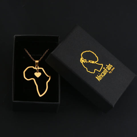 Collier / pendentif Afrique plaqué or véritable 18k - Carte de l'Afrique - Continent africain avec symbole du cœur 