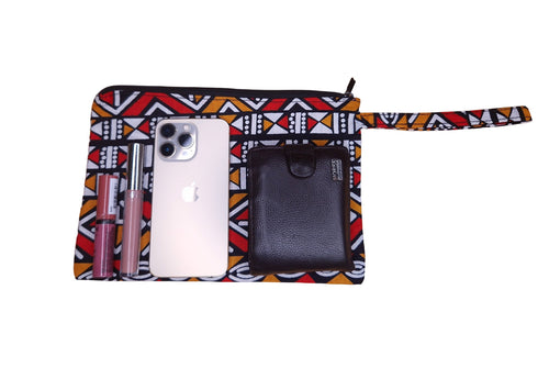 African print Makeup pouch / Pencil case / Cosmetic Bag / Coin Purse - Red / Orange Bogolan