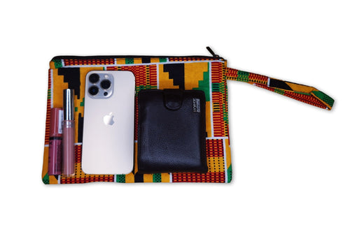 African print Makeup pouch / Pencil case / Cosmetic Bag / Coin Purse - Orange / green Kente