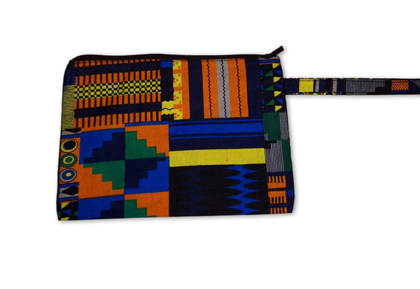 Afrikaanse wax print Make-up tasje / handtasje / etui / potloden mapje / pennentasje - Blauw / Oranje kente