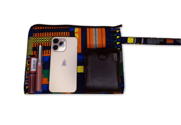 Afrikaanse wax print Make-up tasje / handtasje / etui / potloden mapje / pennentasje - Blauw / Oranje kente