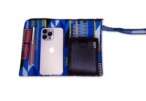 Afrikaanse wax print Make-up tasje / handtasje / etui / potloden mapje / pennentasje - Blauw Kente