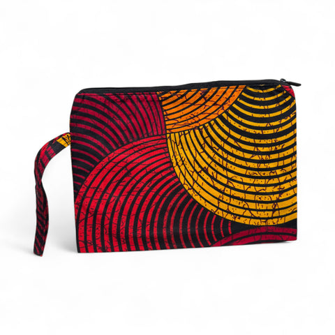 Afrikaanse wax print Make-up tasje / handtasje / etui / potloden mapje / pennentasje - Rood & Geel Concentrische Cirkel