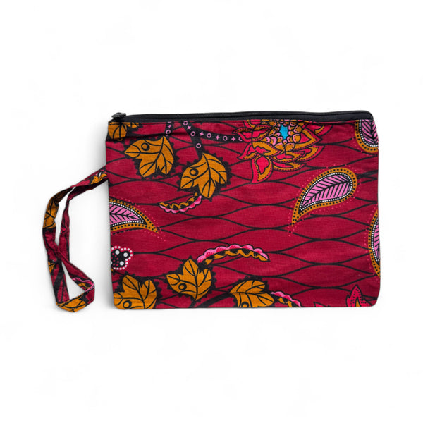 Afrikaanse wax print Make-up tasje / handtasje / etui / potloden mapje / pennentasje - Donkerrood & Geel Botanical Flow