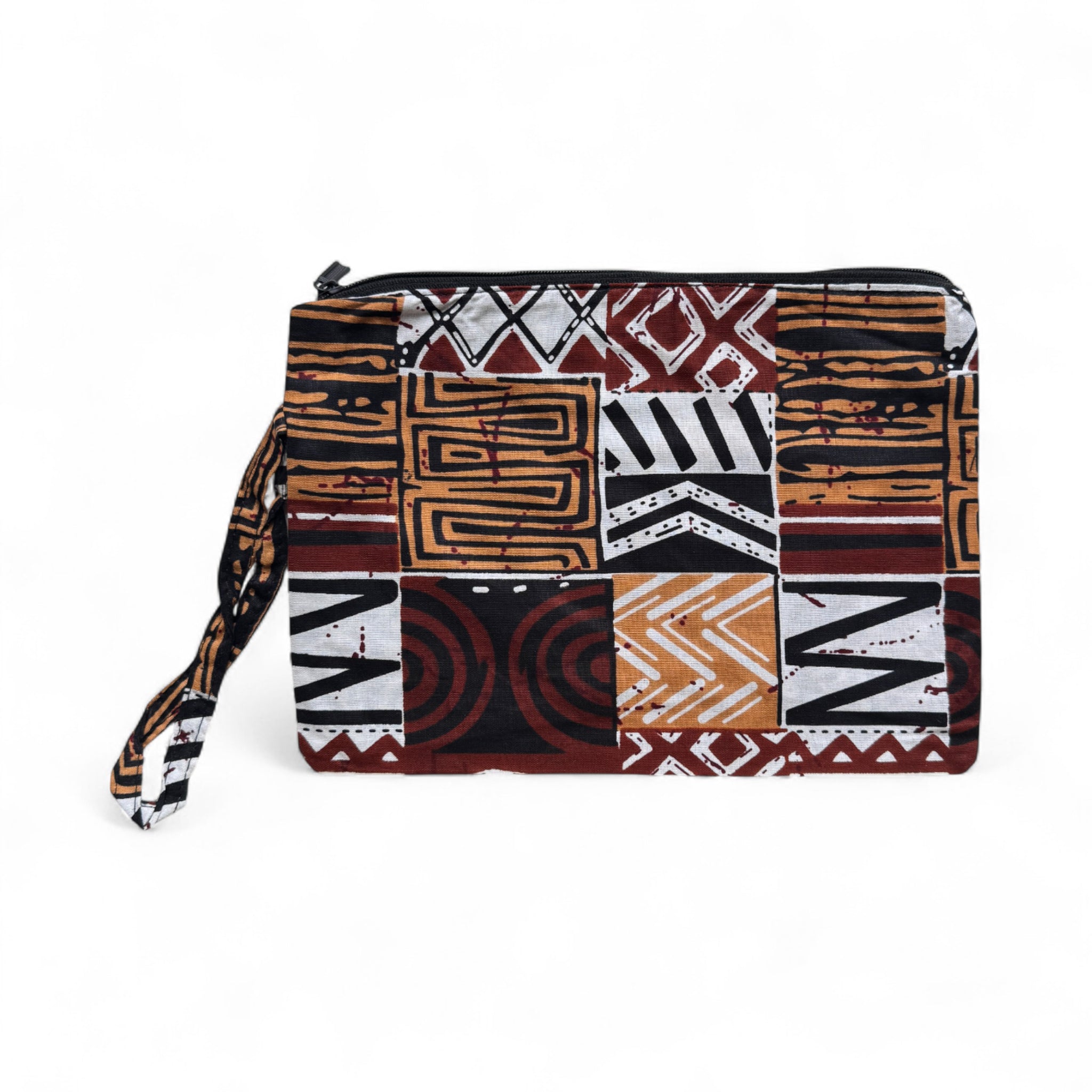 Afrikaanse wax print Make-up tasje / handtasje / etui / potloden mapje / pennentasje - Bruin Bogolan Mozaïek
