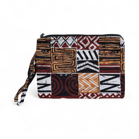 Afrikaanse wax print Make-up tasje / handtasje / etui / potloden mapje / pennentasje - Bruin Bogolan Mozaïek
