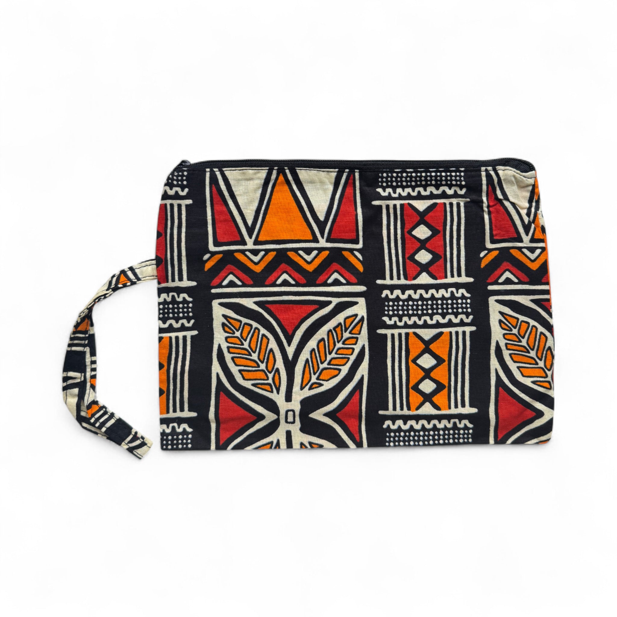 Afrikaanse wax print Make-up tasje / handtasje / etui / potloden mapje / pennentasje - Rood & Oranje Bogolan Symbolen