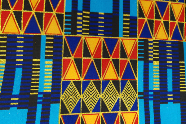 African print fabric - Exclusive Embellished Glitter effects - Poly - PO-5011 Gold Blue Kente