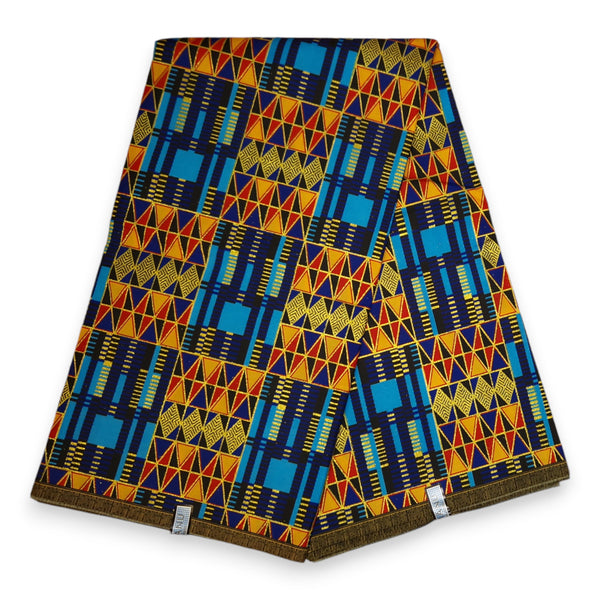 Tissu imprimé africain - Effets pailletés exclusifs - Poly - PO-5011 Or Bleu Kente