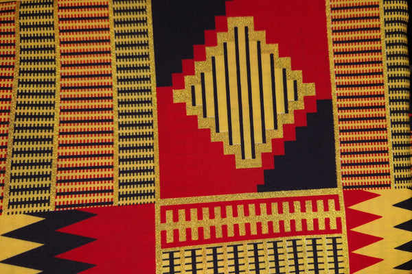 African print fabric - Exclusive Embellished Glitter effects - Poly - PO-5012 Gold Red Kente