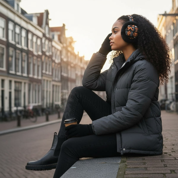 African Print Earmuffs - Foldable Winter Ear Warmers - Brown Cross Bogolan