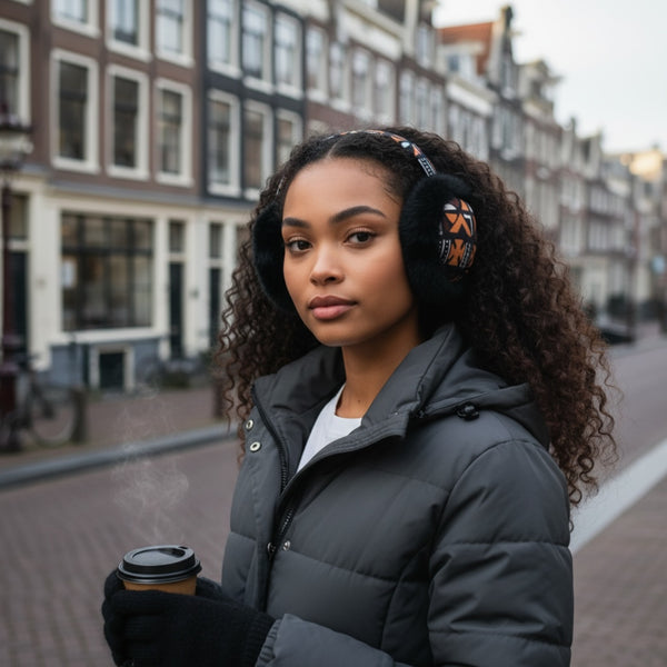 African Print Earmuffs - Foldable Winter Ear Warmers - Brown Cross Bogolan