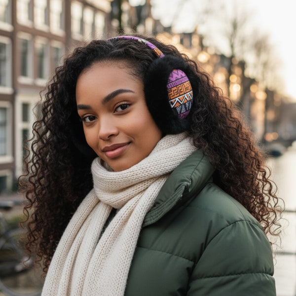 African Print Earmuffs - Foldable Winter Ear Warmers - Pink Orange Tribal