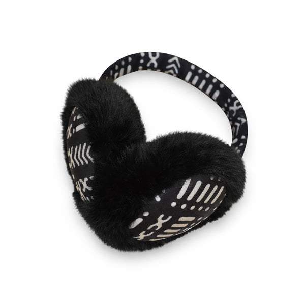 African Print Earmuffs - Foldable Winter Ear Warmers - Black White Bogolan