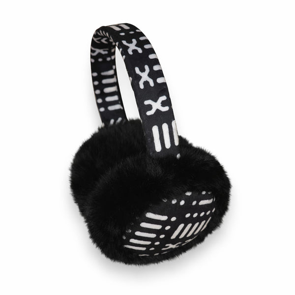 African Print Earmuffs - Foldable Winter Ear Warmers - Black White Bogolan