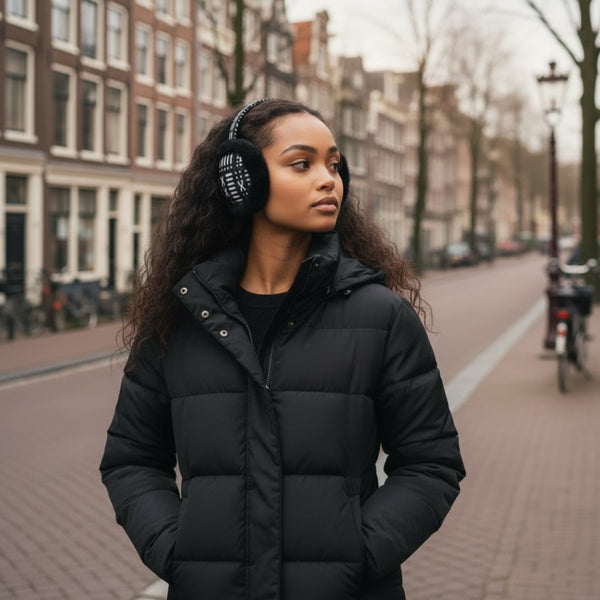African Print Earmuffs - Foldable Winter Ear Warmers - Black White Bogolan