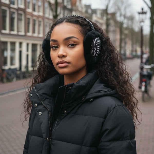 African Print Earmuffs - Foldable Winter Ear Warmers - Black White Bogolan