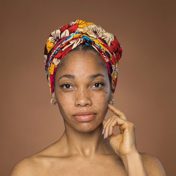 XL Turban facile - Bonnet en satin - Rouge Bleu Flowers