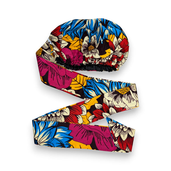XL Turban facile - Bonnet en satin - Rouge Bleu Flowers