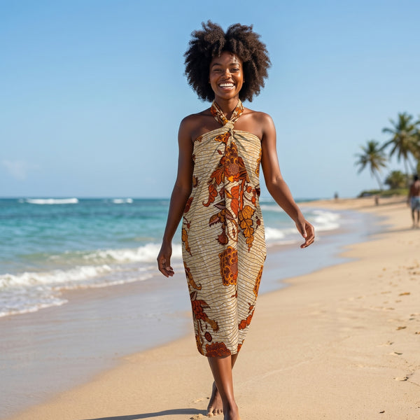 Paréo  / Sarong / Pagne - Jupe de plage en coton / écharpe de portage - Beige / fleur jaune