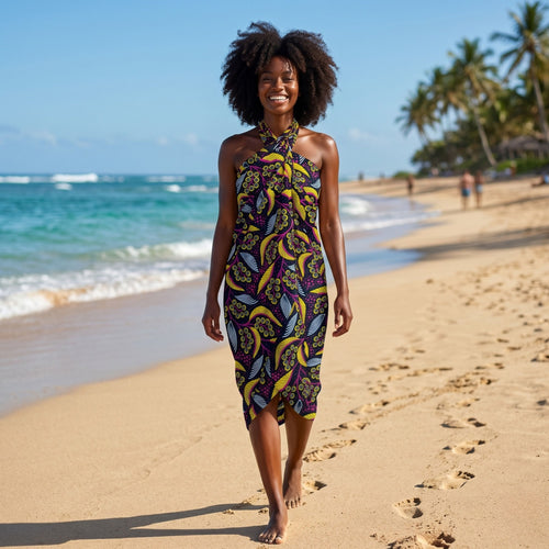 Paréo  / Sarong / Pagne - Jupe de plage en coton / écharpe de portage - Jaune / feuilles roses