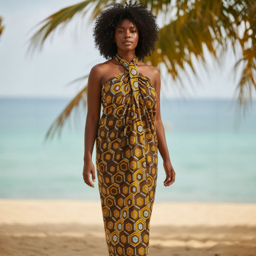 Paréo  / Sarong / Pagne - Jupe de plage en coton / écharpe de portage - Brun Hexagon