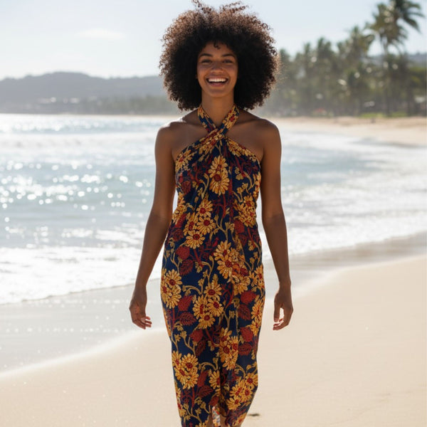 Sarong / pareo / pangi katoen - Strandkleding wikkelrok / omslagdoek / baby wrap - Blauw en Geel Floral Vines