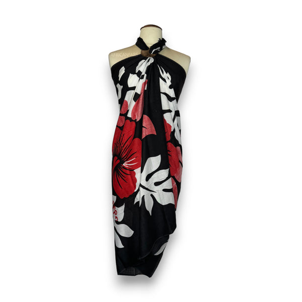 Sarong / pareo - Beachwear wrap skirt - Black / red hibiscus flower
