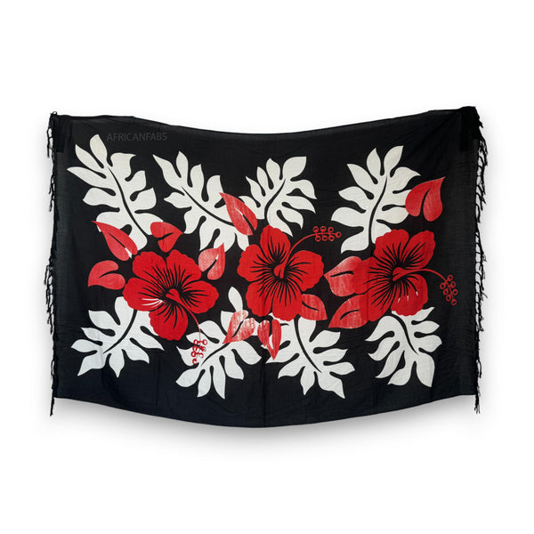 Sarong / pareo - Strandkleding wikkelrok - Zwart / rood hibiscus flower