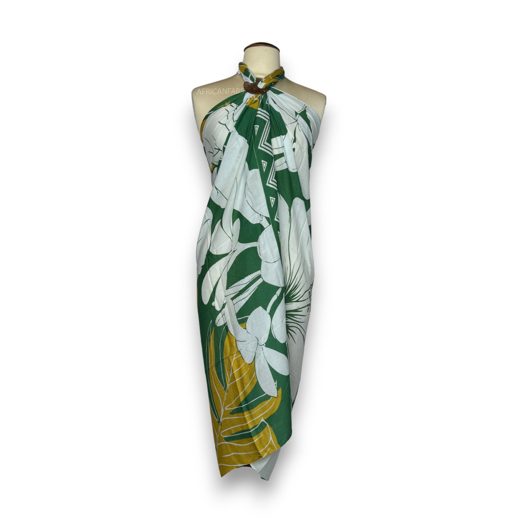 Sarong / pareo - Beachwear wrap skirt - White / green hibiscus flower