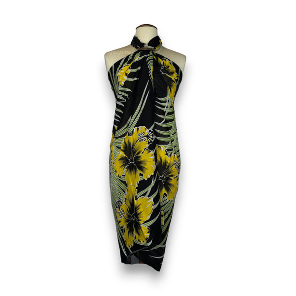 Sarong / pareo - Beachwear wrap skirt - Black / yellow flower