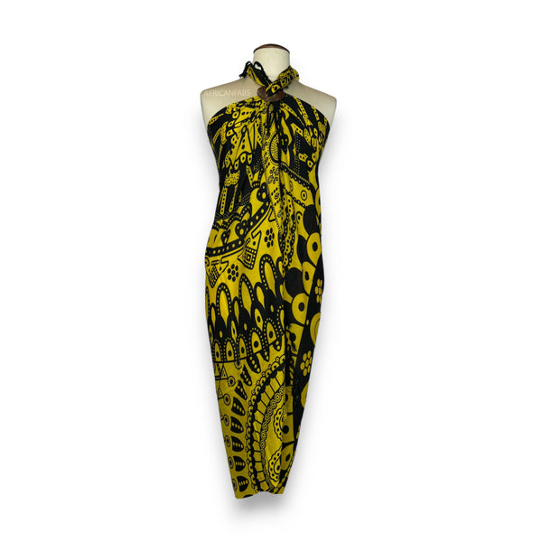 Sarong / pareo - Beachwear wrap skirt - Black / yellow Mandala