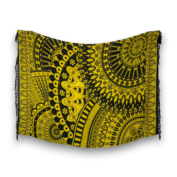Sarong / pareo - Beachwear wrap skirt - Black / yellow Mandala