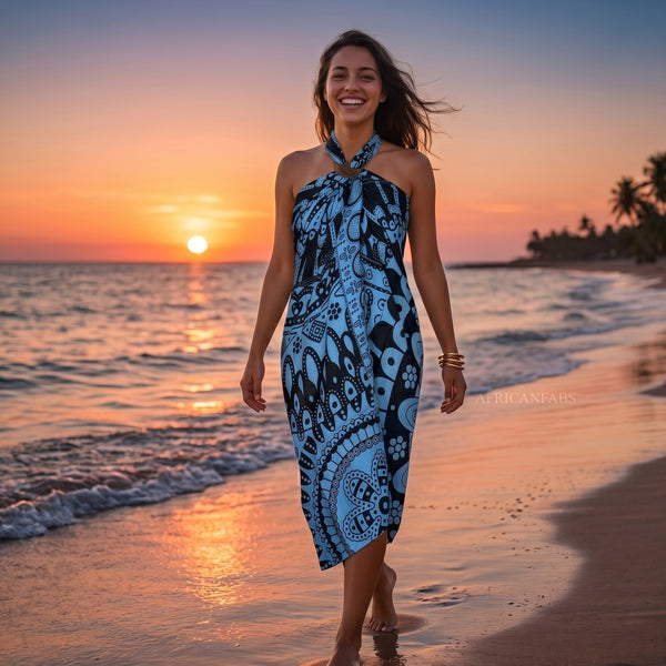 Paréo  / Sarong - Jupe enveloppante / tenue de plage - Mandala noir / bleu