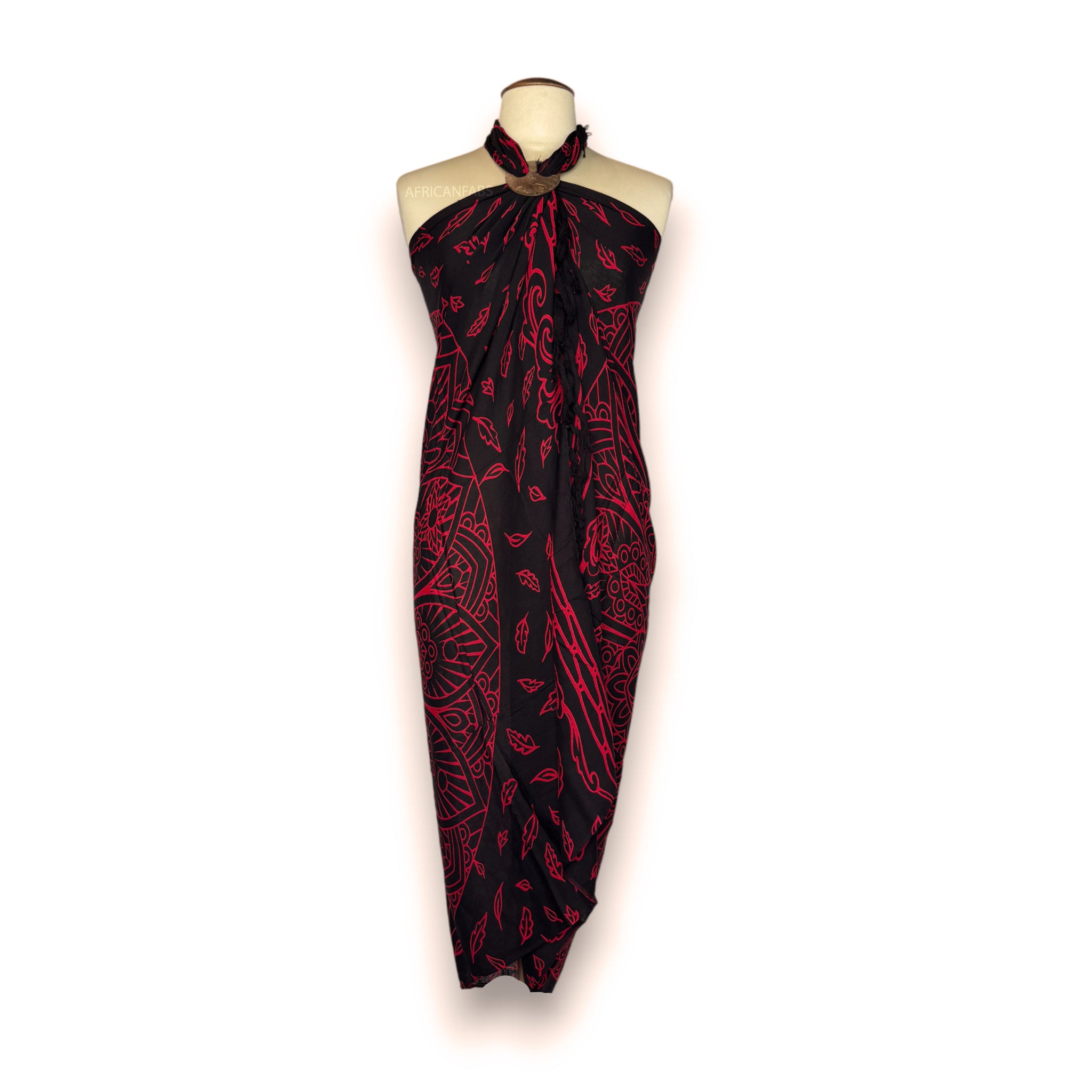 Sarong / pareo - Beachwear wrap skirt - Black / red Mandala